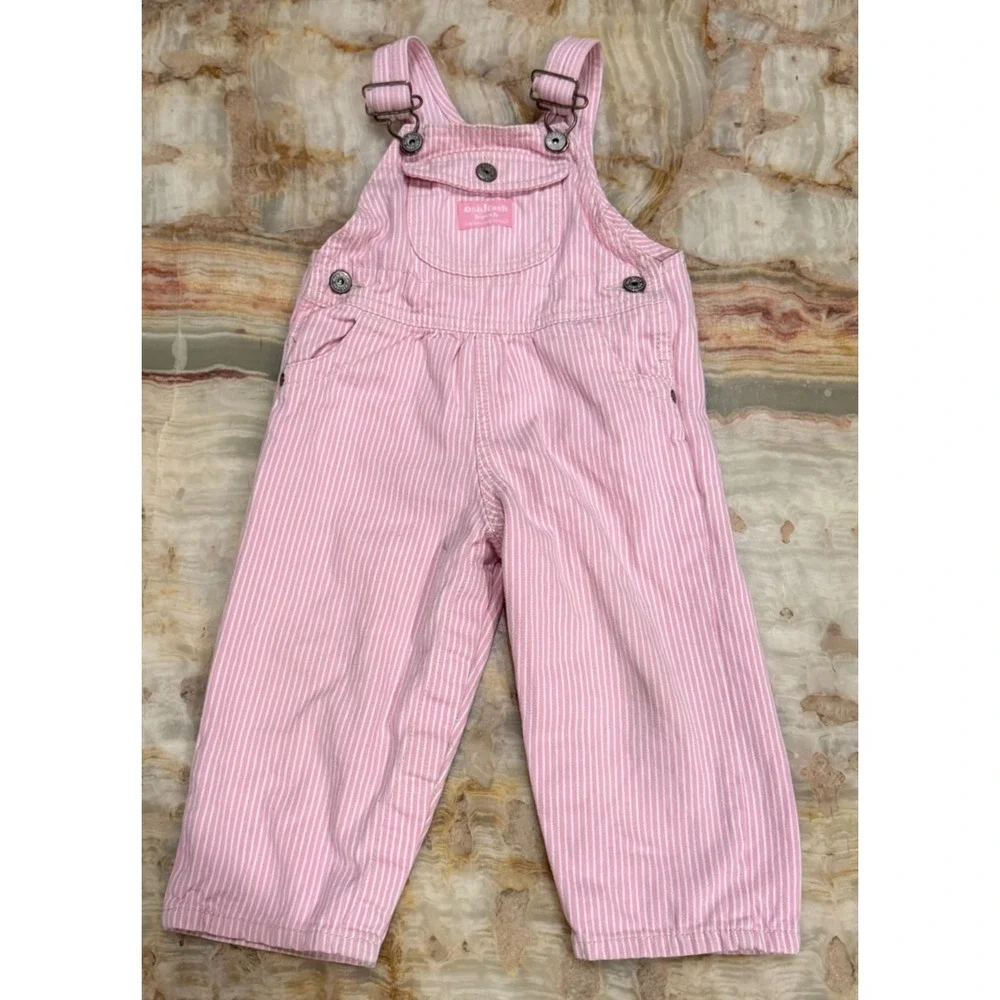 Vintage Oshkosh B'Gosh Kids Vestbak Bibs Overalls Pink White Stripe 18 Months
